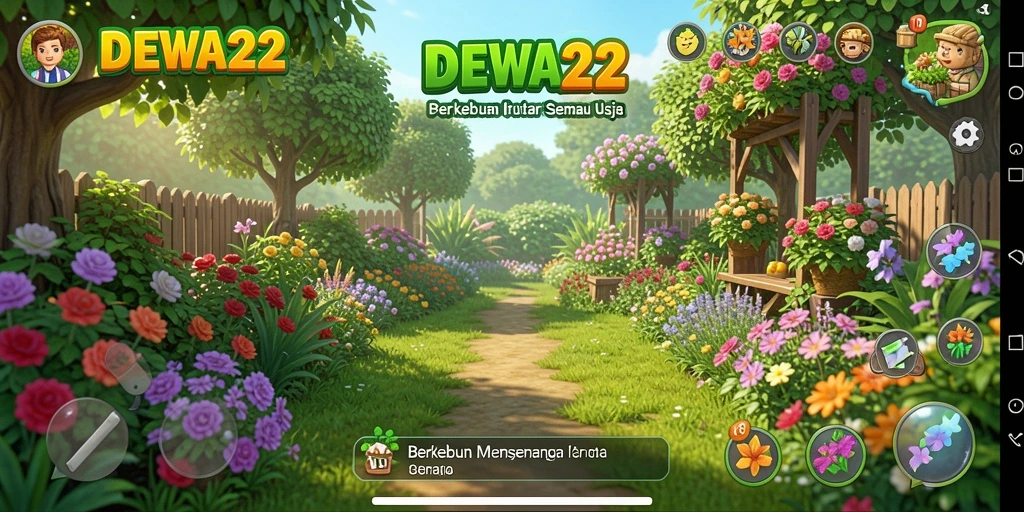 Tampilan gameplay DEWA22 dengan berbagai tanaman dan aktivitas berkebun.