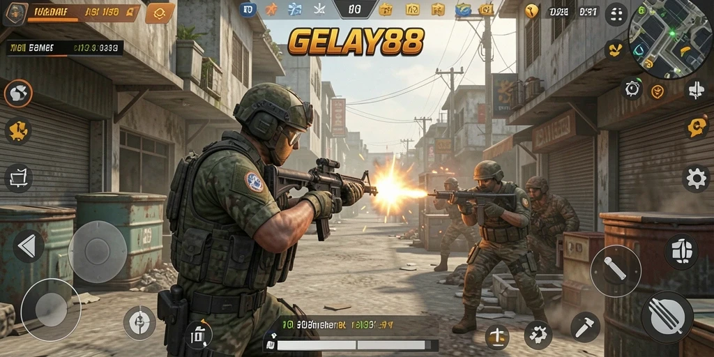 Screenshot menampilkan aksi tembak-menembak seru di GELAY88.
