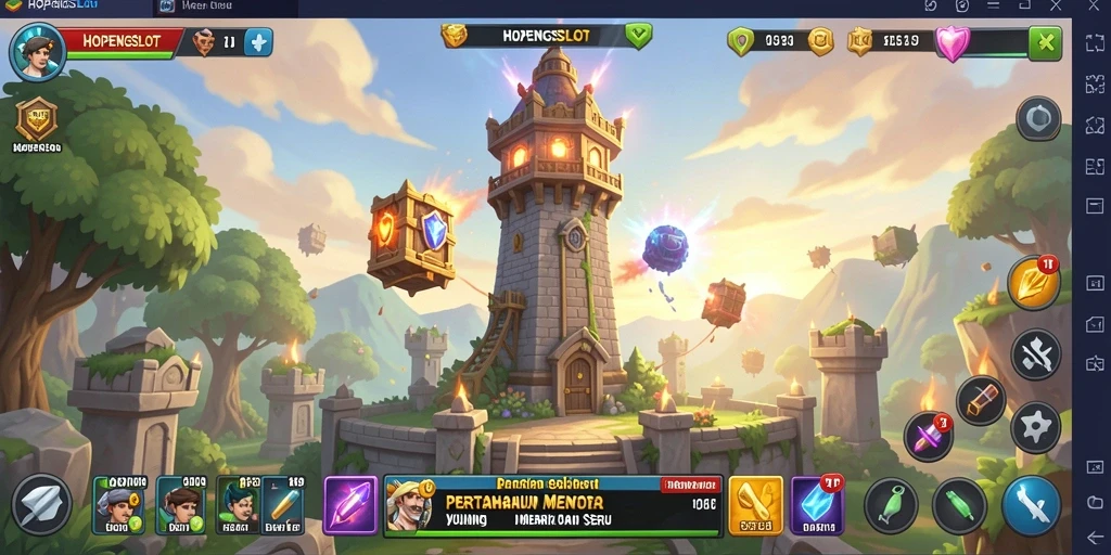 Screenshot HOPENGSLOT menampilkan aksi pertahanan menara yang intens.