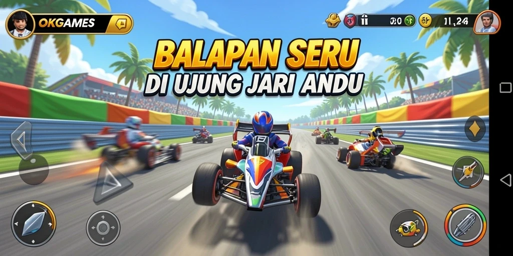 Tangkapan layar gameplay OKGAMES dengan balapan seru di lintasan.