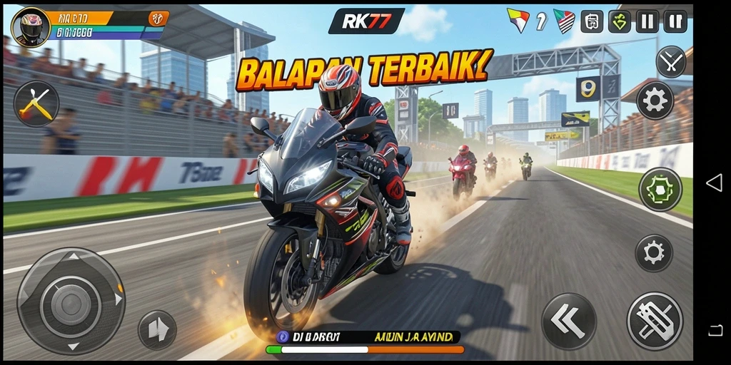 Gameplay seru RK77 dengan balapan motor yang mendebarkan.