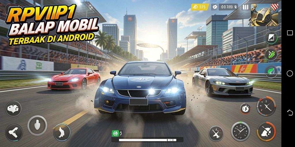 Screenshot utama RPVIP1 menampilkan balapan yang mendebarkan dan mobil yang keren.