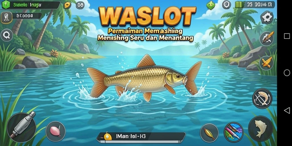 Screenshot utama WASLOT menampilkan pemain sedang beraksi menangkap ikan di laut.